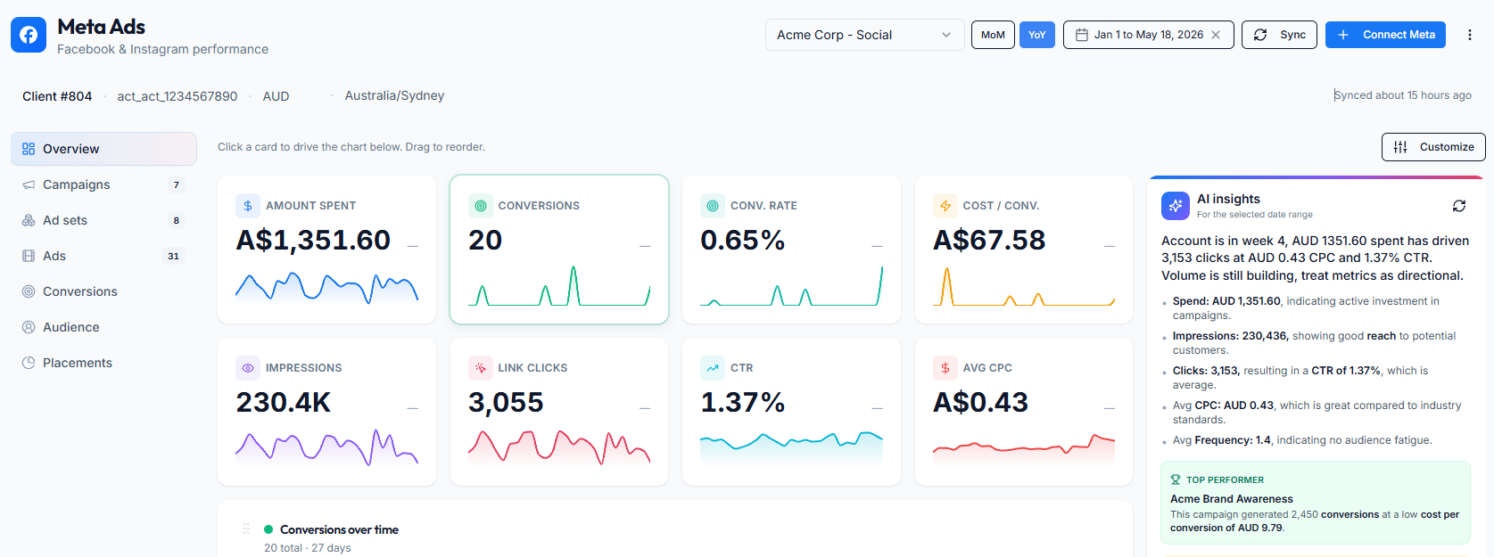 Agency Intelligence Meta Ads dashboard showing spend, reach, ROAS, leads and conversions